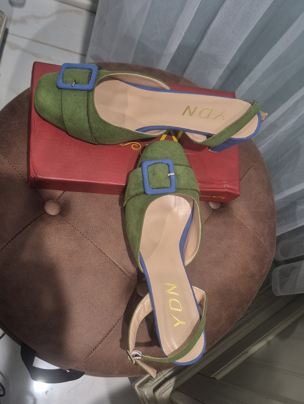YDN Olive Green Suede Slingback Mules with Blue Buckle